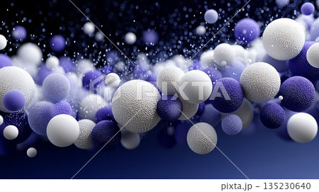 Cluster of white and purple spheres with textured surfaces floating against gradient blue background, forming ethereal geometric composition with depth and visual intrigue 135230640