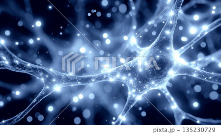 Blue neuron firing electrical signals across interconnected axons and dendrites, visualizing intricate neural communication and brain network connectivity 135230729