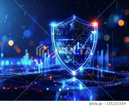 Smart investment concept with a digital shield securing an upward graph and managing risk 135231554