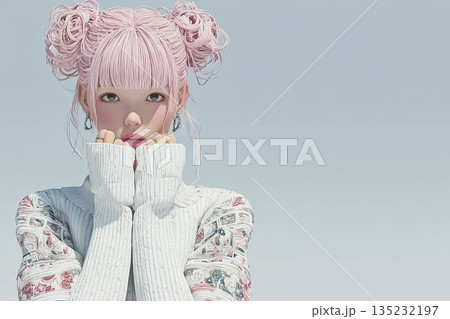 淡いブルー背景で見つめる絵美｜可憐な仕草が目を引く女性アイキャッチ素材 135232197