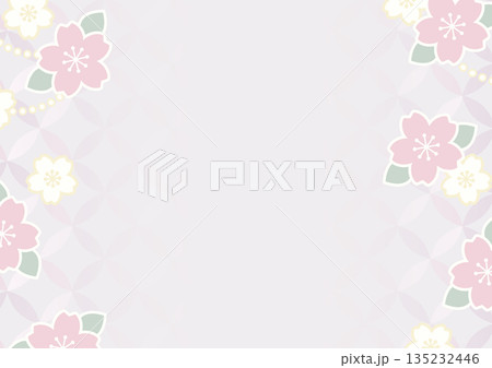 春の桜と七宝柄の和風背景フレーム素材｜くすみラベンダー配色 A4 横 高画質 135232446