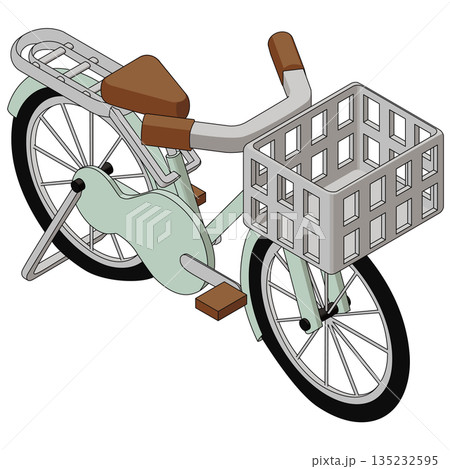 前かご付き自転車のシンプルなベクターイラスト。アイソメトリック図法を用いた素材。 135232595