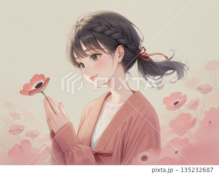 水彩で描いた女の子とアネモネのイラスト16 135232687
