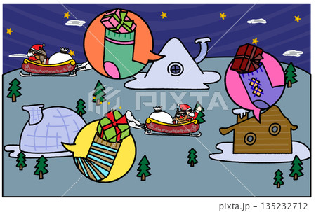 クリスマスの夜の村でプレゼントが舞い散る風景のイラスト クリスマスの夜の村でプレゼントが舞い散る風景のイラスト 135232712