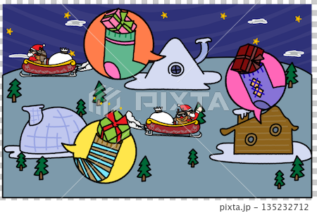 クリスマスの夜の村でプレゼントが舞い散る風景のイラスト クリスマスの夜の村でプレゼントが舞い散る風景のイラスト 135232712