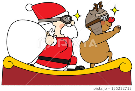 出発前にソリの上で前を向くサンタクロースとトナカイのイラスト 135232715