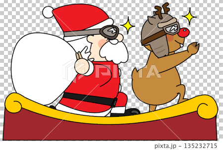 出発前にソリの上で前を向くサンタクロースとトナカイのイラスト 135232715