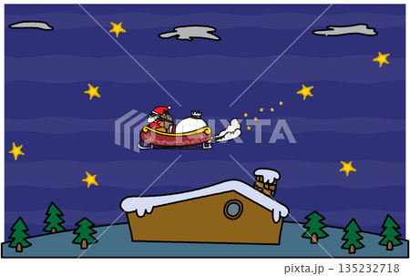 夜空を飛ぶサンタクロースのそりと家並みのイラスト 夜空を飛ぶサンタクロースのそりと家並みのイラスト 135232718