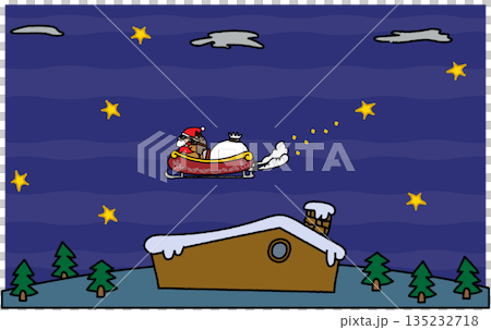 夜空を飛ぶサンタクロースのそりと家並みのイラスト 夜空を飛ぶサンタクロースのそりと家並みのイラスト 135232718