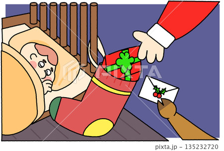 眠る子供にプレゼントを届けるサンタクロースのイラスト 135232720