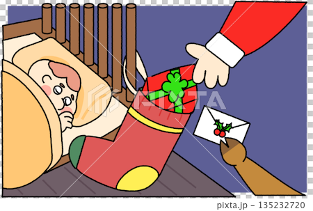 眠る子供にプレゼントを届けるサンタクロースのイラスト 135232720