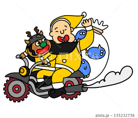 バイクで走りながらプレゼントを運ぶサンタクロースとトナカイのイラスト 135232736