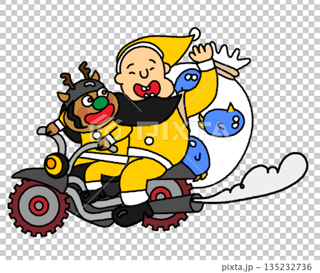 バイクで走りながらプレゼントを運ぶサンタクロースとトナカイのイラスト 135232736