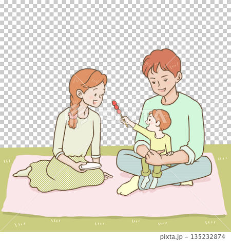 屋外でピクニックする3人 135232874