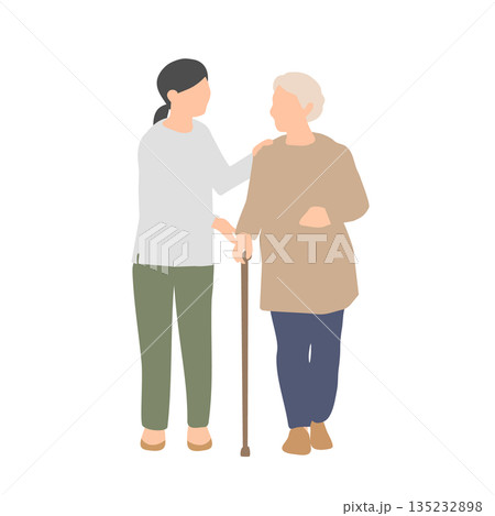 見守りながら一緒に歩く高齢者と女性のイラスト 135232898