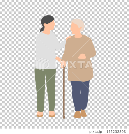 見守りながら一緒に歩く高齢者と女性のイラスト 135232898