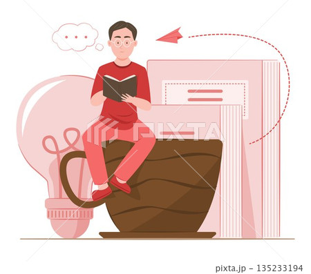 Young Man Reading a Book while Sitting on Big Coffee Cup for Education and Learning Concept Illustration Young Man Reading a Book while Sitting on Big Coffee Cup for Education and Learning Concept Illustration 135233194
