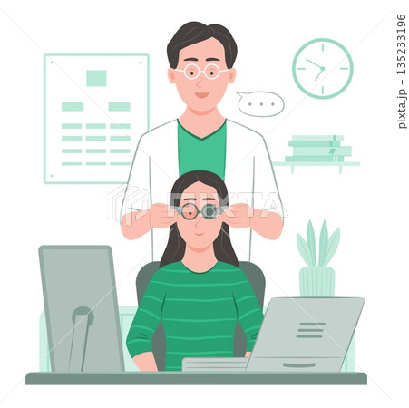 Optometrist Adjusting Trial Frame to Test the Patient's Vision during an Eye Exam in an Ophthalmology Clinic before Prescribing New Glasses Optometrist Adjusting Trial Frame to Test the Patient's Vision during an Eye Exam in an Ophthalmology Clinic before Prescribing New Glasses 135233196