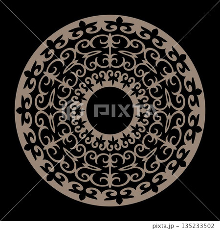 Round gold frame with oriental pattern. Pattern of Turkic people, Kazakh, Kyrgyz, Mongol. Muslim, Arabic, Indian, ottoman, persian motive. Mediterranean ceramic, embroidery, plate, embroidery. Vector 135233502