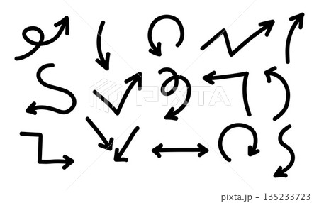 Hand drawn black curved and swirl arrows doodle sketch 135233723