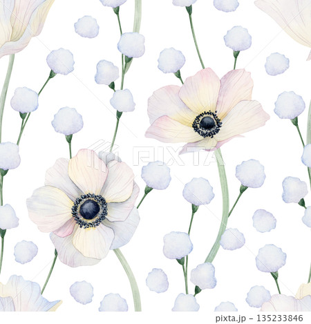 White poppies flowers watercolor seamless pattern. Botanical floral hand drawn repeat background with wildflowers for delicate spring fabrics, pastel wedding designs White poppies flowers watercolor seamless pattern. Botanical floral hand drawn repeat background with wildflowers for delicate spring fabrics, pastel wedding designs 135233846