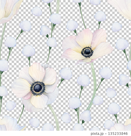 White poppies flowers watercolor seamless pattern. Botanical floral hand drawn repeat background with wildflowers for delicate spring fabrics, pastel wedding designs White poppies flowers watercolor seamless pattern. Botanical floral hand drawn repeat background with wildflowers for delicate spring fabrics, pastel wedding designs 135233846