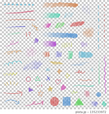 色鉛筆の手描きあしらいセット カラフルな線・矢印・図形のラフスケッチ 色鉛筆の手描きあしらいセット カラフルな線・矢印・図形のラフスケッチ 135233972
