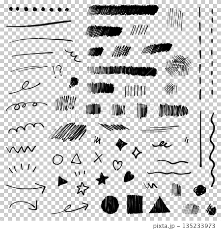 サインペンで描いた手描きあしらいセット 複数種類の線・図形・矢印の黒素材 サインペンで描いた手描きあしらいセット 複数種類の線・図形・矢印の黒素材 135233973
