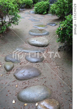 田舎の小さな神社の雨に濡れる飛び石のある参道風景 田舎の小さな神社の雨に濡れる飛び石のある参道風景 135234329