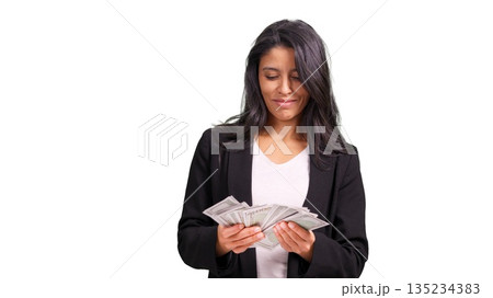 Young woman counting money on transparent background Young woman counting money on transparent background 135234383