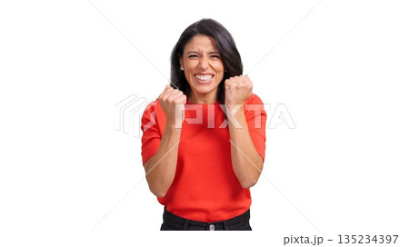Woman celebrating success with clenched fists on transparent background 135234397