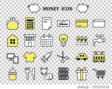 家計にまつわるアイコンセット、黄色 135234518