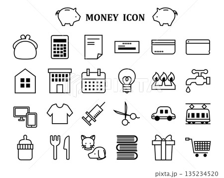 家計にまつわるアイコンセット、モノクロ 135234520