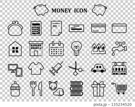 家計にまつわるアイコンセット、モノクロ 135234520