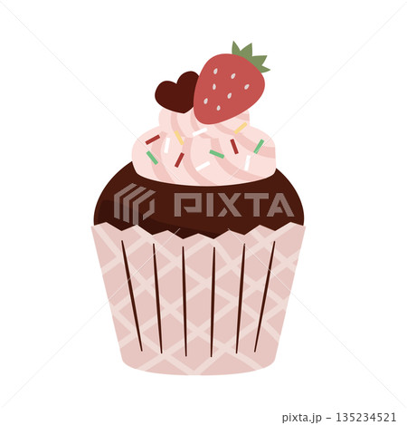 イチゴとハートのチョコがのったカップケーキのイラスト 135234521