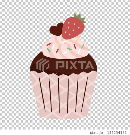 イチゴとハートのチョコがのったカップケーキのイラスト 135234521
