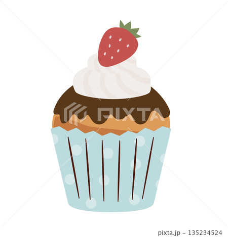 クリームとイチゴでデコレーションしたカップケーキのイラスト 135234524