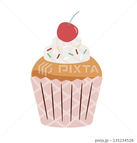 チェリーがのったカップケーキのイラスト 135234526