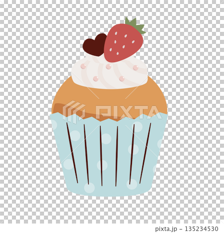Illustration of a cupcake topped with strawberries and heart-shaped chocolate 135234530