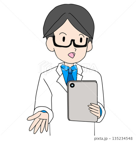 白衣で説明する男性のフラットイラスト 135234548