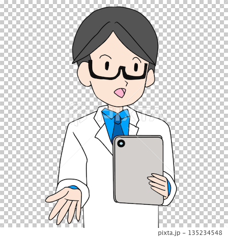 白衣で説明する男性のフラットイラスト 135234548