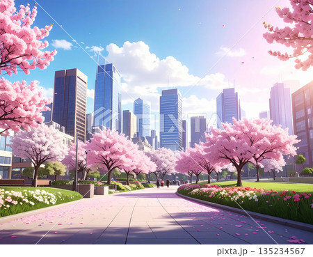 桜が舞い散る近未来都市のビル群を彩る満開の桜並木と路面に映る幻想的な反射 桜が舞い散る近未来都市のビル群を彩る満開の桜並木と路面に映る幻想的な反射 135234567