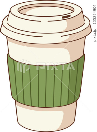 Hand Drawn Minimalist Takeaway Coffee Cup With Green Sleeve Illustration with Paper Sleeve for Cozy Cafe and Lifestyle Decor 135234904