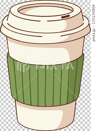 Hand Drawn Minimalist Takeaway Coffee Cup With Green Sleeve Illustration with Paper Sleeve for Cozy Cafe and Lifestyle Decor 135234904