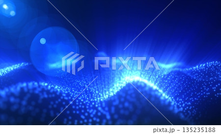 Abstract glowing blue magic energy wave from particles and dots bright shiny on a dark blue background. Abstract background Abstract glowing blue magic energy wave from particles and dots bright shiny on a dark blue background. Abstract background 135235188