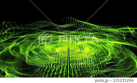 Abstract background with green moving flying stripes, lines, waves of digital hi-tech smoke particles on the surface 135235204
