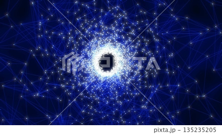 A spinning bright luminous blue unusual beautiful tunnel spiral of digital triangles connected by lines triangulation background 135235205