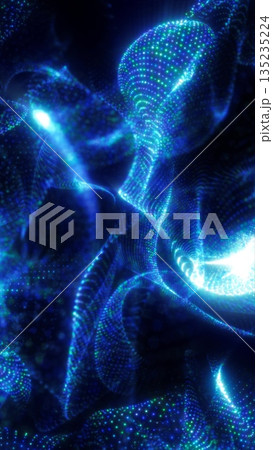 Swirling and morphing digital mesh made of glowing blue and green dots forming abstract three-dimensional surfaces on black background Swirling and morphing digital mesh made of glowing blue and green dots forming abstract three-dimensional surfaces on black background 135235224
