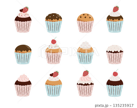 カラフルなカップケーキのイラストセット 135235917
