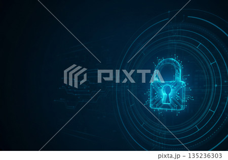 デジタルセキュリティを表現した南京錠のテクノロジー背景 135236303